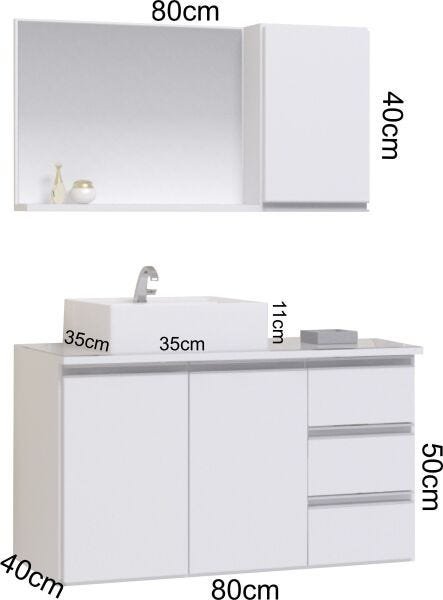 Conjunto Gabinete Banheiro Completo Prisma 80cm Branco Inteiro - 2
