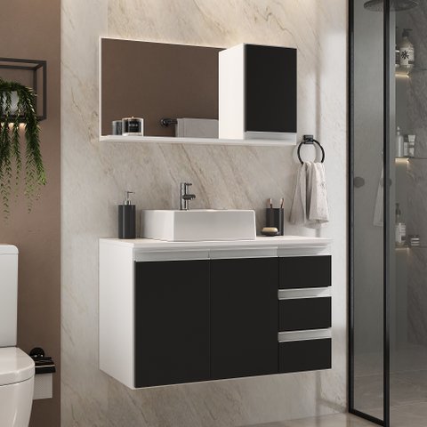 Conjunto Gabinete Banheiro Completo Prisma 80cm
