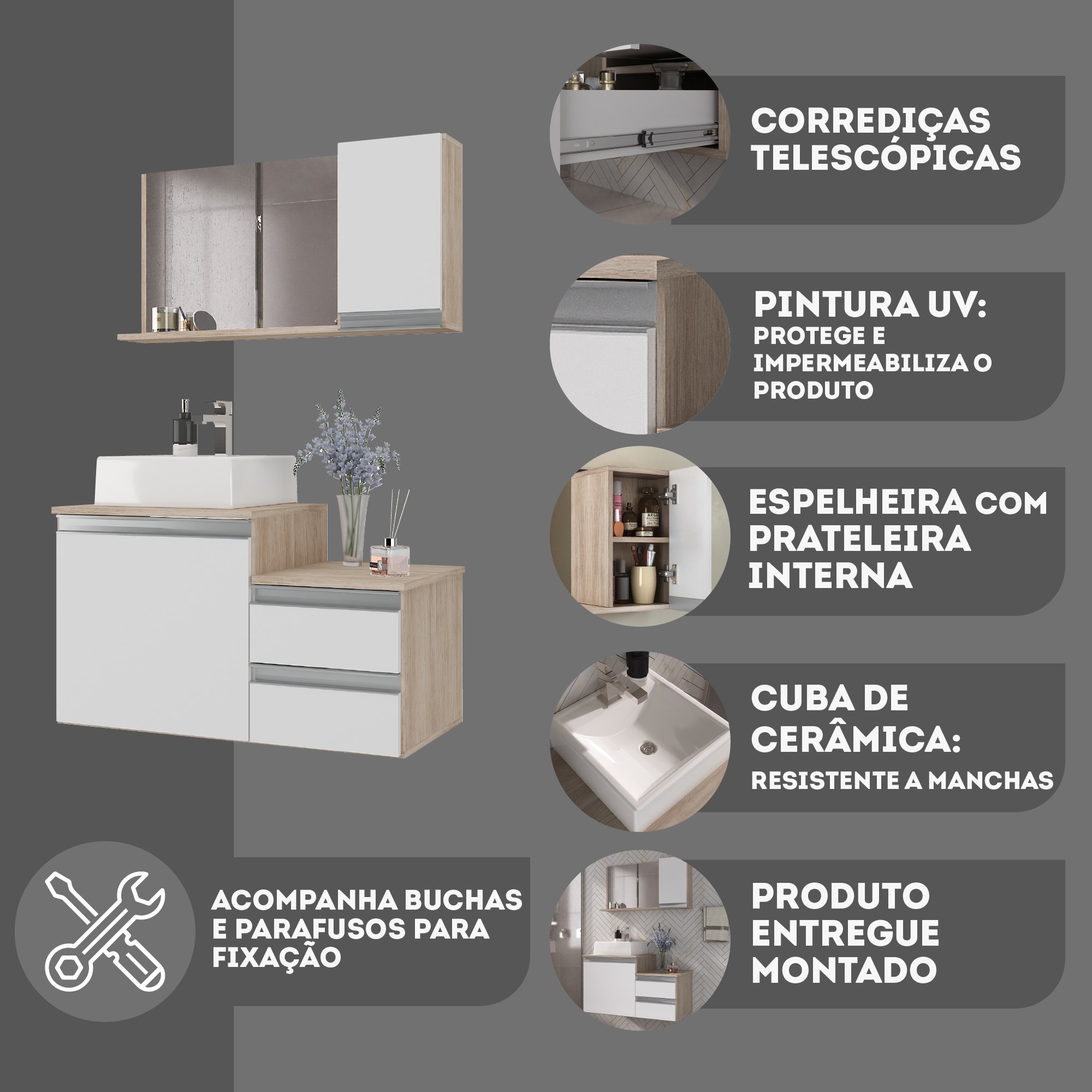 Kit Gabinete Banheiro Completo com Armário Cuba Espelheira Cross 80cm - 5