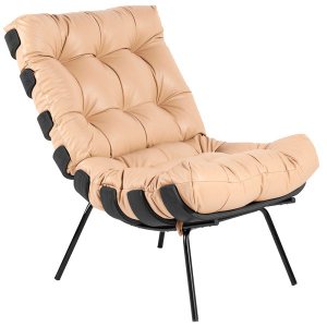 Poltrona Decorativa Sala de Estar Costela Preto L04 Couro Bege - Lyam Decor