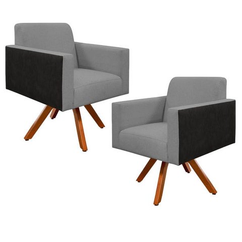 Kit 2 Poltronas Decorativa Base Giratória de Madeira Helô L02 Linho Cinza Escuro Corano Preto -
