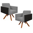 Ver imagem 1 de Kit 2 Poltronas Decorativa Base Giratória de Madeira Helô L02 Linho Cinza Escuro Corano Preto -