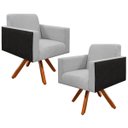 Ver imagem 1 de Kit 2 Poltronas Decorativa Base Giratória de Madeira Helô L02 Linho Cinza Corano Preto - Lyam