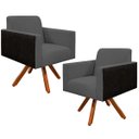 Ver imagem 1 de Kit 2 Poltronas Decorativa Base Giratória de Madeira Helô L02 Linho Chumbo Corano Preto - Lyam