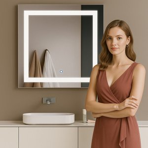 Espelho Led 100x100 Botão Touch Luz 3 Cores Fria Neutra Quente Retangular Jateado 1,00 Metro