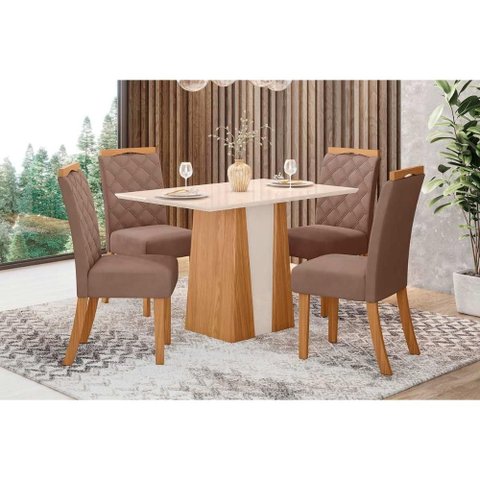 Conjunto: Mesa Sala Jantar Orus C/ Tampo Madeirado 120x80cm e 4 Cadeiras Bella Nature/off White -