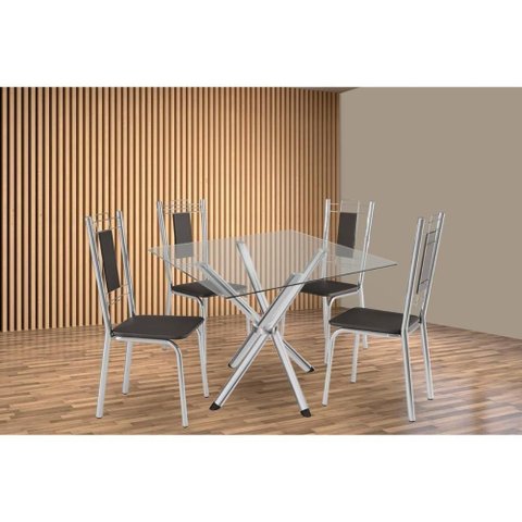 Sala de Jantar Completa Volga C/ Tampo de Vidro 90cm e 4 Cadeiras Florença Cromada - Courano Preto