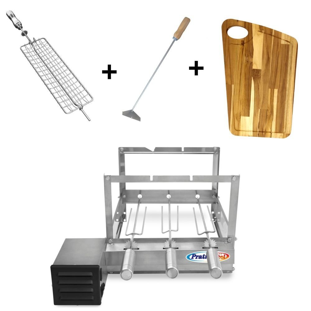 Kit Gira Grill 3 Espetos Tridente e 1 Grelha + Espalha Carvão + Tábua de Carne - 1