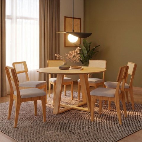 Conjunto Sala de Jantar Mesa Redonda Giratória 130cm com 6 Cadeiras MDF Palha Sintética Carvalho Ros