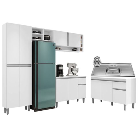 Cozinha Compacta Vanessa e Balcão Gabinete Com Pia Tatiane 120cm Branco - AJL Móveis