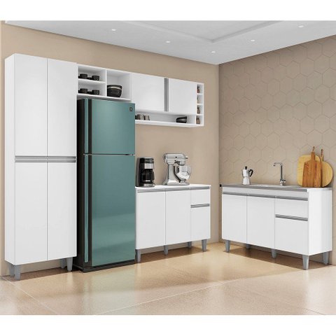 Cozinha Compacta Vanessa e Balcão Gabinete Com Pia Tatiane 120cm Branco - AJL Móveis