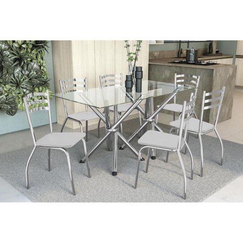Kit Mesa Volga C- Tampo de Vidro 150cm + 6 Cadeiras Portugal Cromada Branco