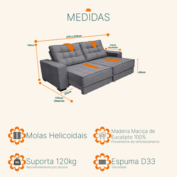 Sofá Retrátil e Reclinável 2,10m Molas Ensacadas Pillow Top Suede Coliseu - 5