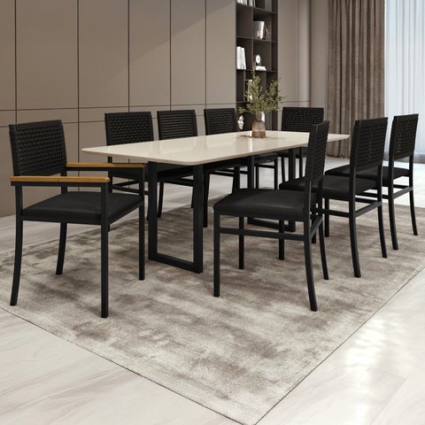 Conjunto Sala de Jantar Mesa 8 Cadeiras Corino Tampo de Vidro e MDF Itália Madri Preto