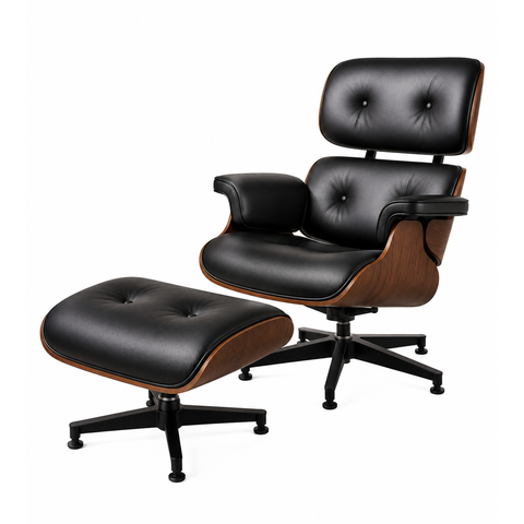 Poltrona Charles Eames com Puff - Couro Preto - Imbuia