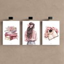 Ver imagem 2 de Kit 3 Quadro Decorativo Menina Jovem Estudos Rosa Quarto 20x28cm