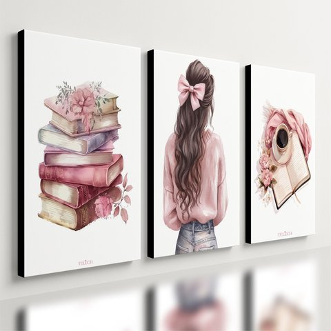 Kit 3 Quadro Decorativo Menina Jovem Estudos Rosa Quarto 20x28cm