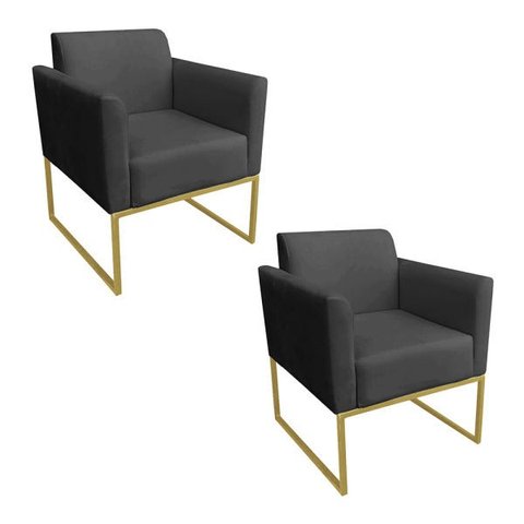 Kit 2 Poltronas Marisa Suede Preto Base Industrial Metálica Dourado D'Rossi