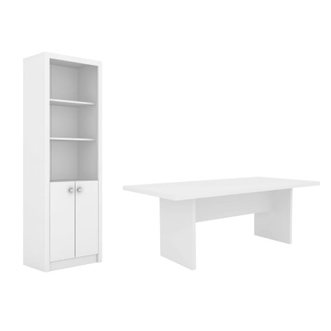 Escritório com Mesa para Computador Simples com Armário Pareteleira 2 Portas Branco - Fdecor