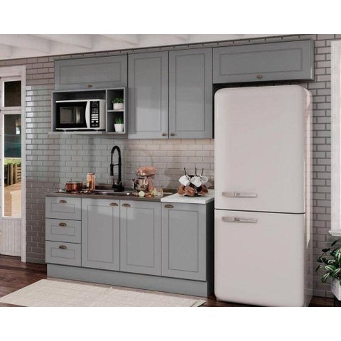 Kit de Cozinha Modulada 7 Peças Americana (3 Aéreos. 2 Balcões, 1 Nicho, 1 Complemento) Cinza -