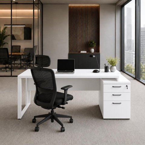 Mesa Escritório Diretor F5 3 Gavetas 192cm Branco F5 Office