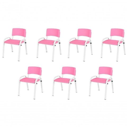 Kit 7 Cadeira Iso Infantil Creche, Base Branco Rosa