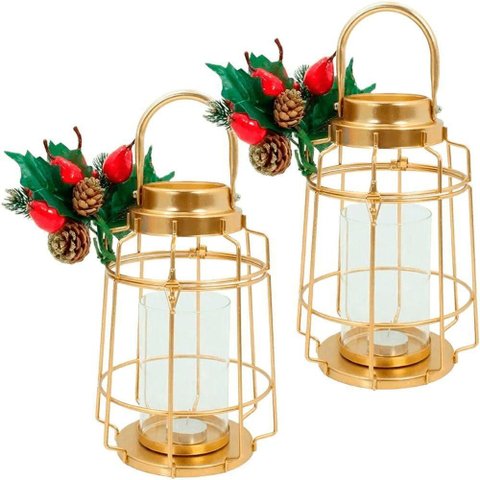 Kit 2 Lamparina Dourada Natalina em Metal Decorativa de 30cm
