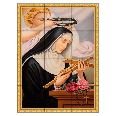 Quadro Santa Rita de Cássia com Crucifixo e Rosas 80x60 em Azulejos