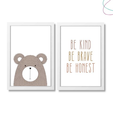 2 Quadros Decorativos Urso Escandinavo Boho Frase Be Brave:branca