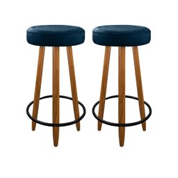 Kit com 02 Banqueta Banco Alta Camila Pés Palito Madeira para Bar Cozinha Gourme Azul - 1