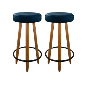 Kit com 02 Banqueta Banco Alta Camila Pés Palito Madeira para Bar Cozinha Gourme Azul