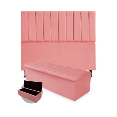 Kit Cabeceira + Calçadeira Baú Cancun Casal 140cm Suede - Ecotec Decor:Rosa