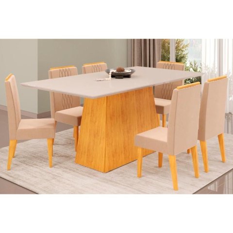 Cozinha Completa Dulce Tampo Madeirado C/ Vidro Reto 180x90cm e 6 Cadeiras Lia Cedro/off White -