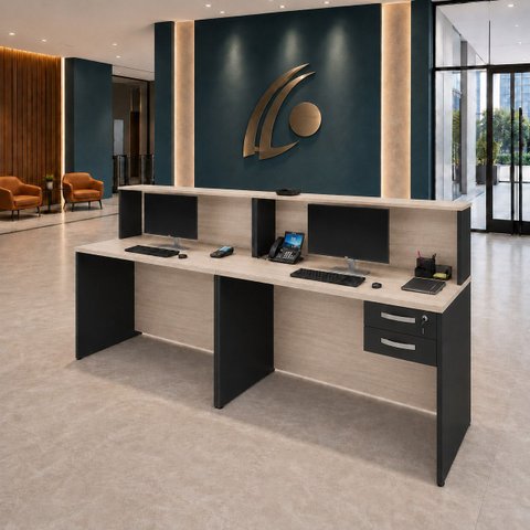 Conjunto 2 Balcões de Atendimento e Recepção Comercial 140x60cm com Gaveteiro Suspenso de 2 Gavetas