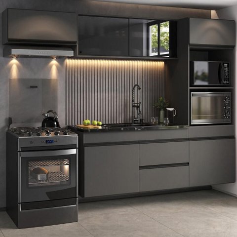 Armário de Cozinha Modulada Completa Suspensa 251,5cm Milano Multimóveis Mp2405 Cinza