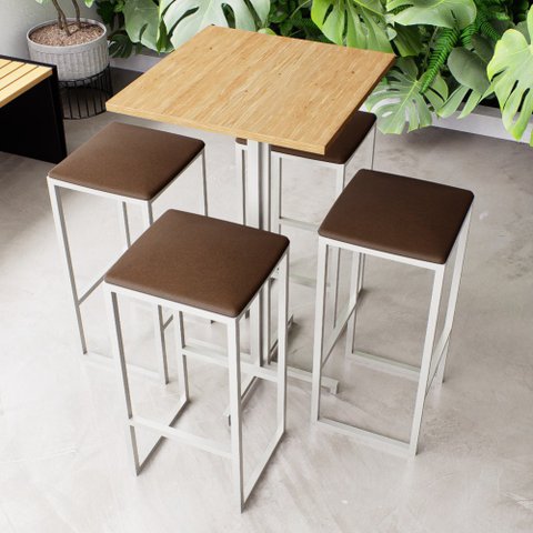 Conjunto Mesa Alta Bar Bistrô Quadrada Pinus 4 Bancos Estofado Industrial Black Don Castro Decor Ind