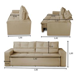 Sofá Retrátil e Reclinável 3 lugares com Molas 1,80m Vegas Suede Bege Adonai Estofados - 3