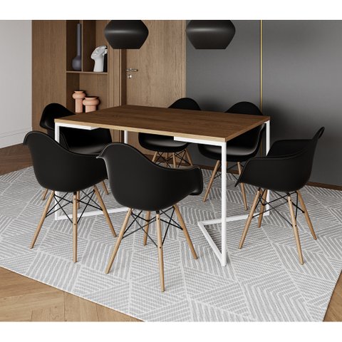Mesa Jantar Industrial Retangular Amêndoa 137x90cm Base V Ferro Branco com 6 Poltronas Eames Preta M