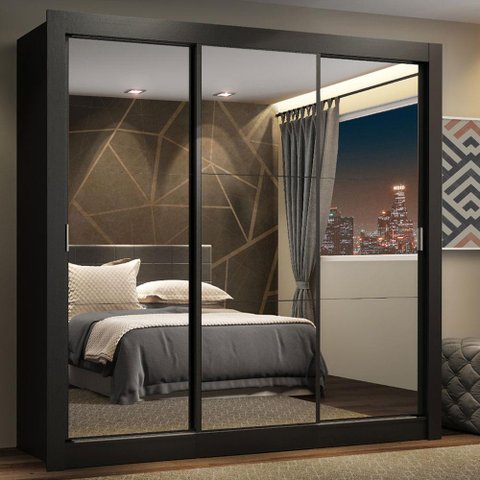 Guarda Roupa Casal Madesa Lyon Plus 3 Portas de Correr de Espelho 4 Gavetas