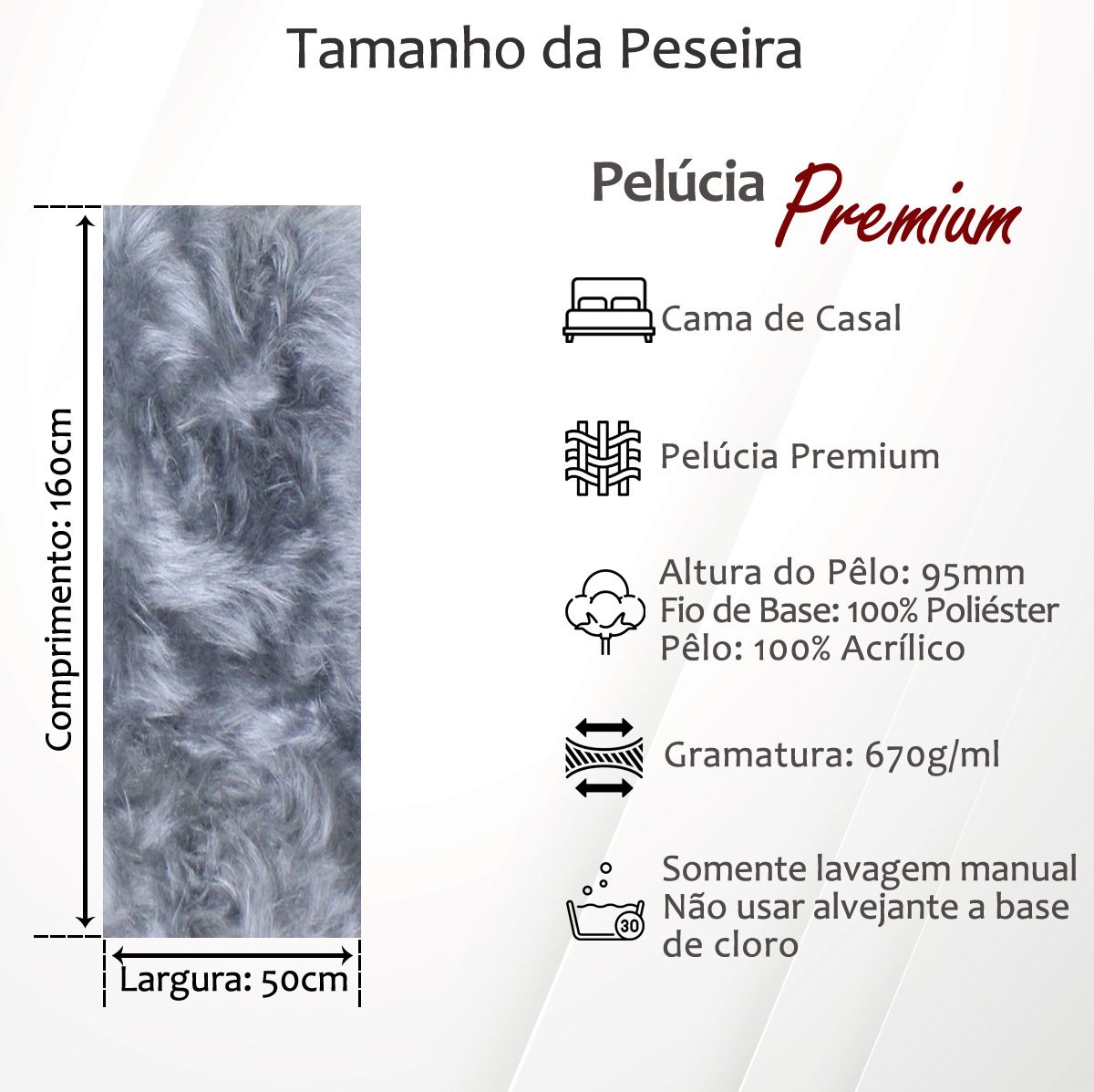 Peseira Premium Pelúcia Pelo Alto Parta Cama de Casal Comum 1,60mx50cm: Branco-Cru - 4