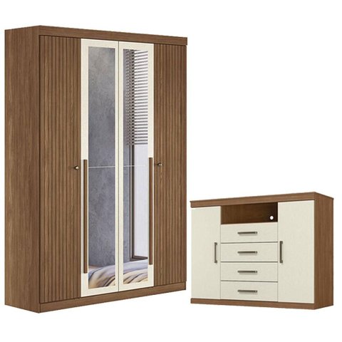 Guarda Roupa Casal Ripado 4 Portas Buriti com Espelho e Cômoda Havana Master Jatobá Areia Acetinado 
