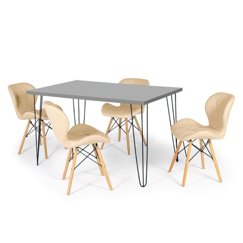 Conjunto Mesa de Jantar Hairpin 130x80 Volpi com 4 Cadeiras Eiffel Slim - Nude