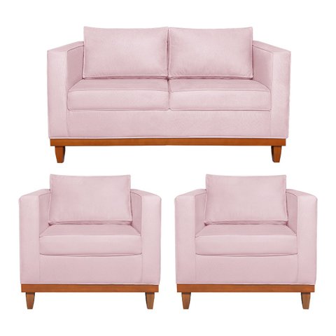 Kit Sofá 3 Lugares e 2 Poltronas Europa 180 cm Estilo Conforto e Elegância Suede Rosa Bebê- ADJ Deco