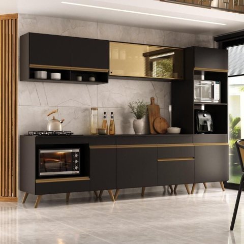 Cozinha Modulada Completa Compacta 287cm com Balcão para Cooktop Veneza Multimóveis Mp2269 Preto