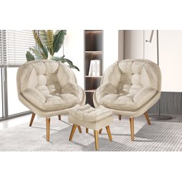 Conjunto Poltronas Sênior em Suede Premium com Puff e Pés de Madeira:bege - 1