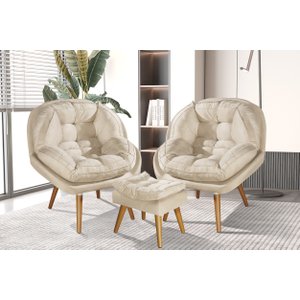 Conjunto Poltronas Sênior em Suede Premium com Puff e Pés de Madeira:bege