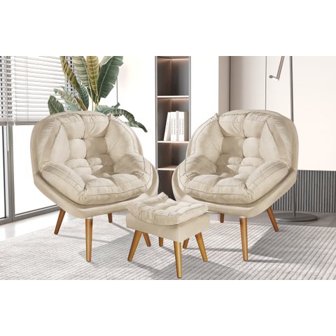 Conjunto Poltronas Sênior em Suede Premium com Puff e Pés de Madeira:bege