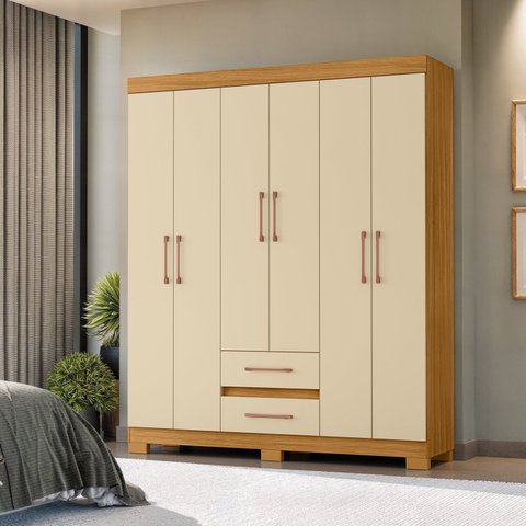 Guarda-Roupa Casal 6 Portas e 2 Gavetas com Pés Saint Off White/Carvalho Americano