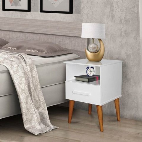 Mesa de Cabeceira Romar Pérola Retrô 1 Gaveta Branco