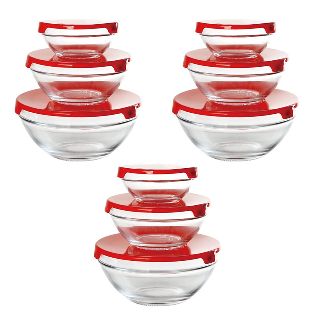 Conjunto 9 Potes Tigela Vidro Tampa Vermelho Class Home